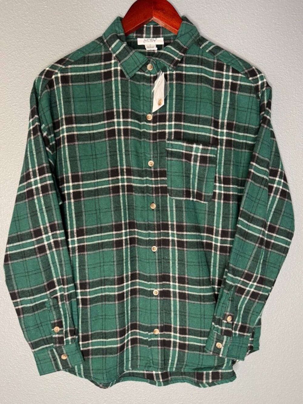 Green Black Plaid Flannel Shirt Womens Small Soft Button Down Just Polly NWT